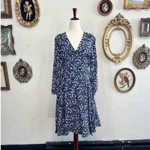 Rebecca Taylor Silk Floral V-Neck Fit & Flare Dress Long Sleeve Black Blue Sz 6